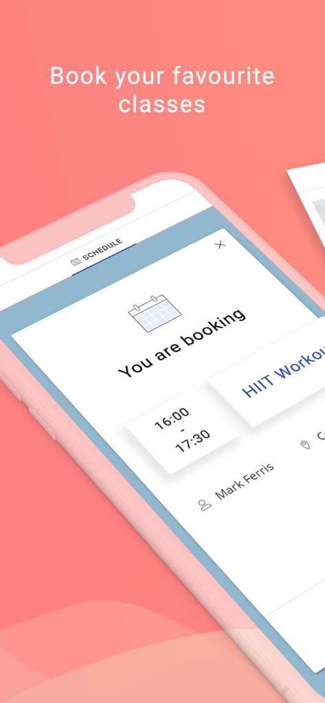 A mobile phone screen showing the Fitssey app booking a HIIT workout class with time and instructor details.