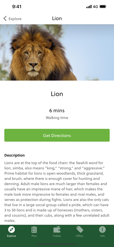 San Diego Zoo - Travel Guide - Lion information and walking directions screen on the San Diego Zoo travel guide app