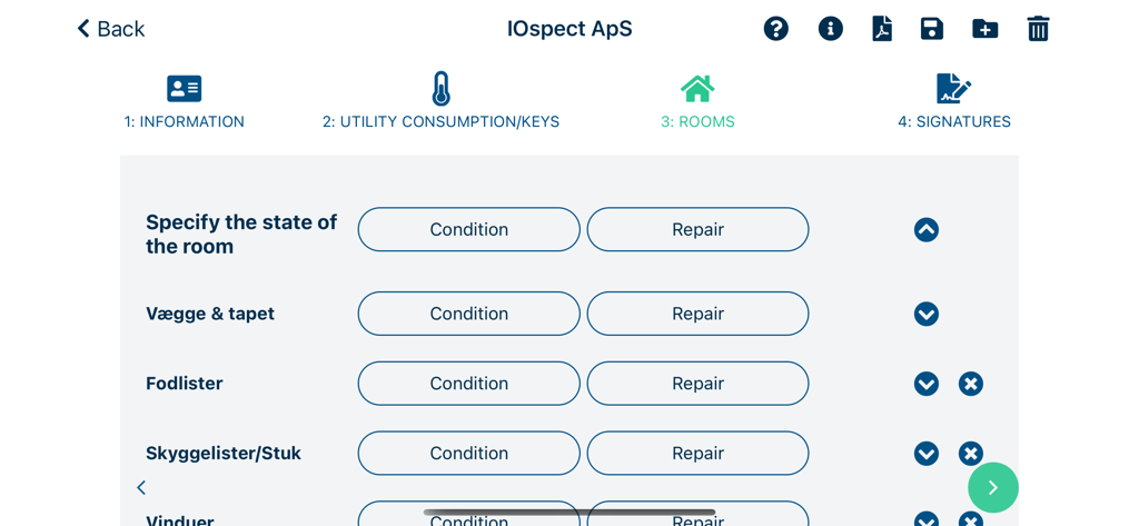 DomuSpect mobile app interface showing a room inspection checklist with condition and repair options.