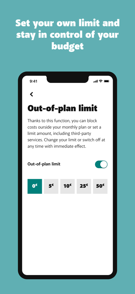 My BASE - Capture d'écran mobile affichant la fonction de limite hors forfait de l'application My BASE pour contrôler les frais mensuels supplémentaires