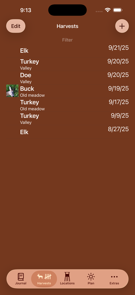 iHunt Journal app harvest log showing a list of recorded game including elk and turkey with dates and locations