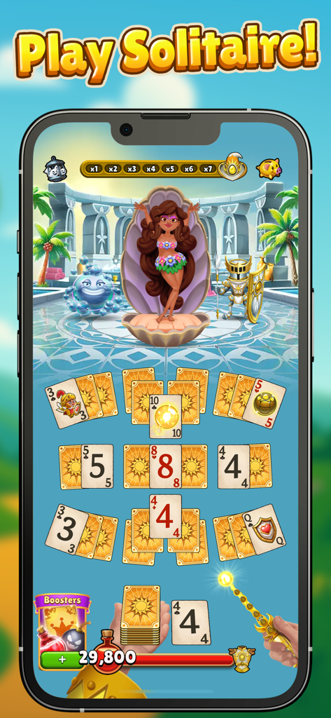 Sorcery School - A mobile screen showing a magical themed solitaire game with easy to read cards and fantasy characters