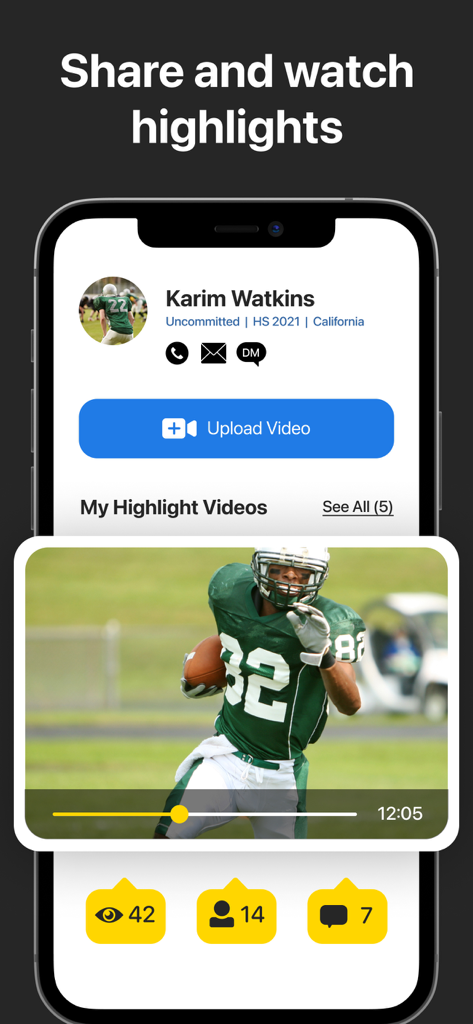 FieldLevel - FieldLevel app interface displaying an athlete profile with a football highlight video player and engagement metrics.