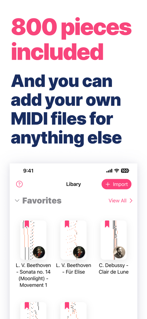 Piano Tabs: Learn & Practice - Biblioteca de la aplicación Pestañas de Piano mostrando piezas clásicas y opción de importación MIDI
