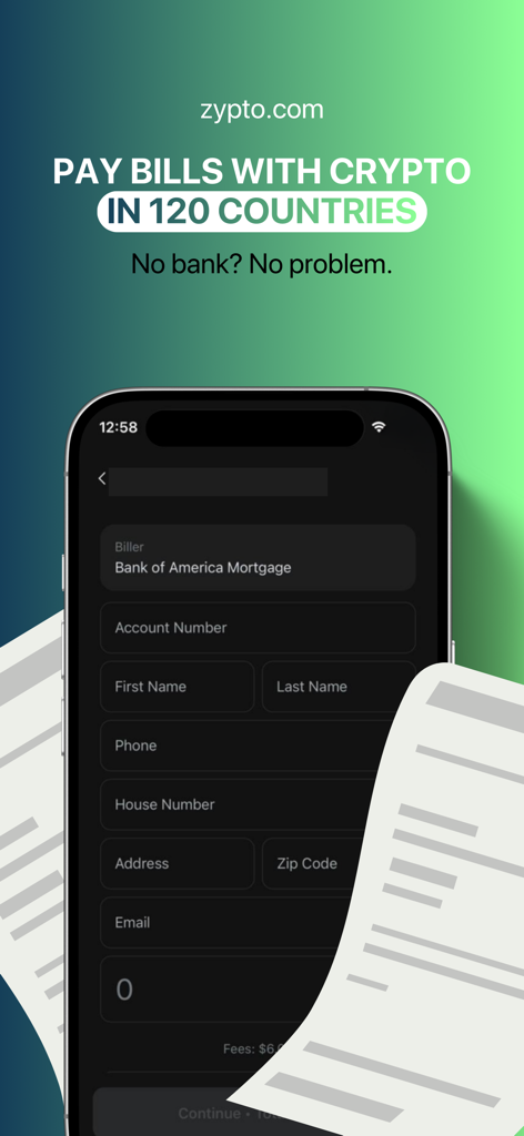 Zypto Crypto & Bitcoin Wallet - Zypto app interface showing a form to pay bills with cryptocurrency including mortgage and utility payments