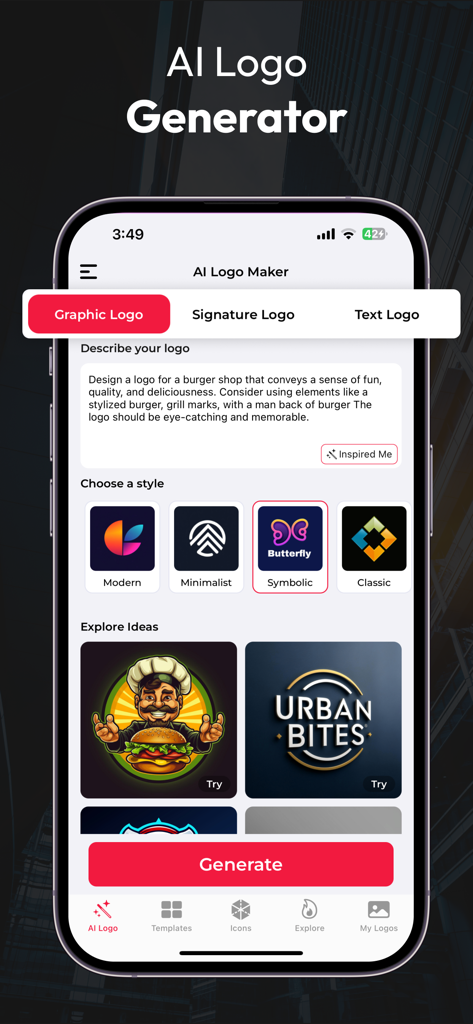 AI Logo Maker: Logo Creator - Interfaz de la aplicación Creador de Logos con IA mostrando opciones de estilo y una indicación de texto para la creación de logos