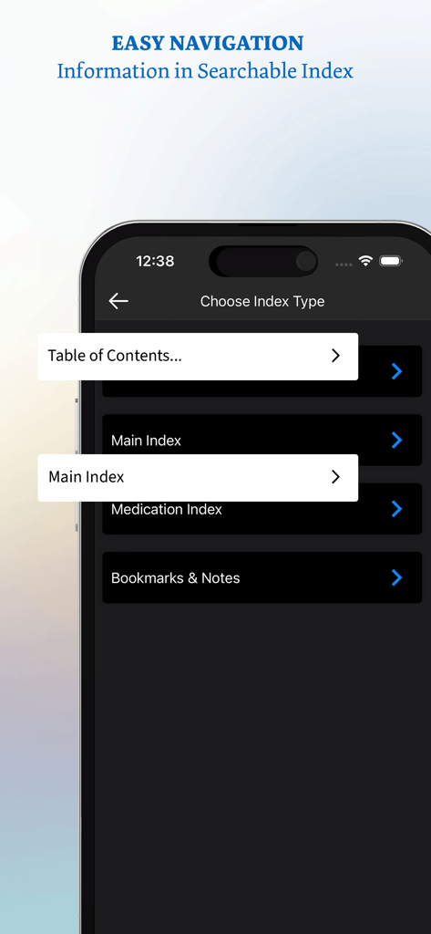 Lab Notes & Diagnostic Tests - Mobile app screen showing a searchable index with navigation options for table of contents, medication index, and bookmarks.