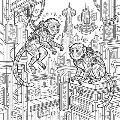 Explore a thrilling fusion of nature and technology with this striking cyberpunk tamarins coloring page. These agile monkeys, enhanced with intricate robotic features, navigate a visually rich futuristic cityscape waiting for your creative touch.