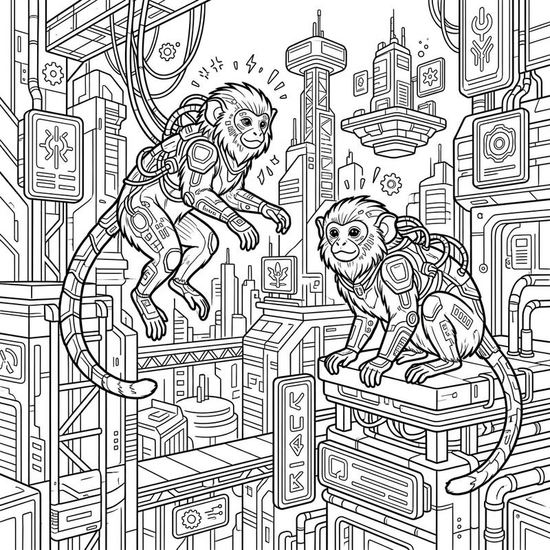 Explore a thrilling fusion of nature and technology with this striking cyberpunk tamarins coloring page. These agile monkeys, enhanced with intricate robotic features, navigate a visually rich futuristic cityscape waiting for your creative touch.