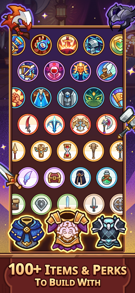 Claw Quest: Roguelike RPG - A collection of colorful circular icons representing over 100 items and perks in Claw Quest Roguelike RPG