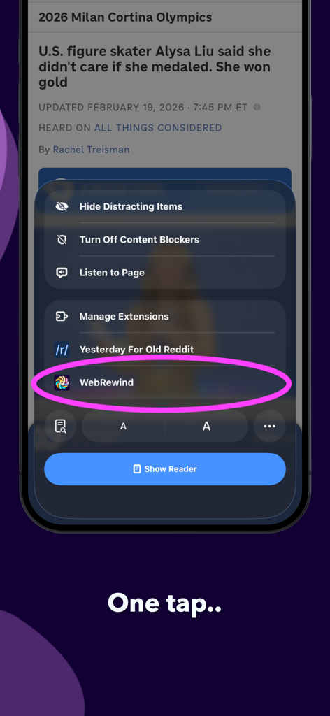 WebRewind - Web Archiver - Safariブラウザメニューで強調表示されたWebRewind拡張機能
