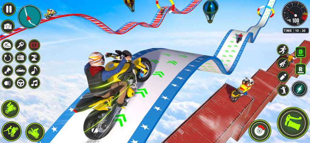 Mega Ramp Bike Stunt Games - Motorcycle performing stunts on an impossible winding track in the sky with clouds