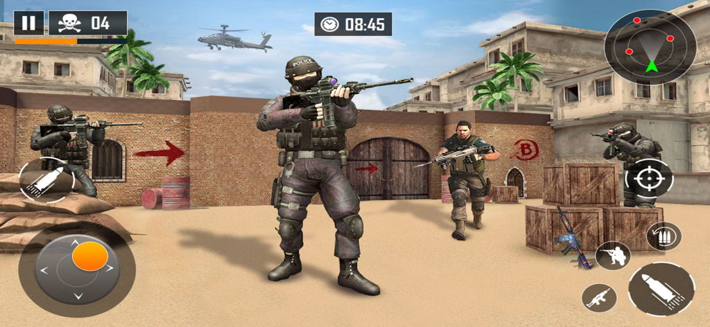 A group of military commandos in a desert urban environment during a mission in Fire Fury Max.
