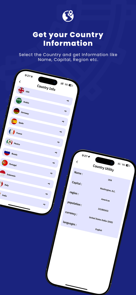 All GPS Location Map - Screenshot of the All GPS Location Map app showing a country list and specific geographic information for the USA