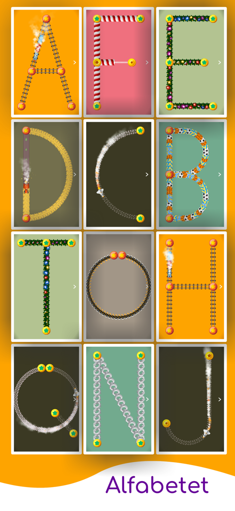 Una cuadrícula de letras noruegas estilizadas que incluyen A F E y B diseñadas con temas lúdicos como vías de tren y bastones de caramelo para practicar el trazo
