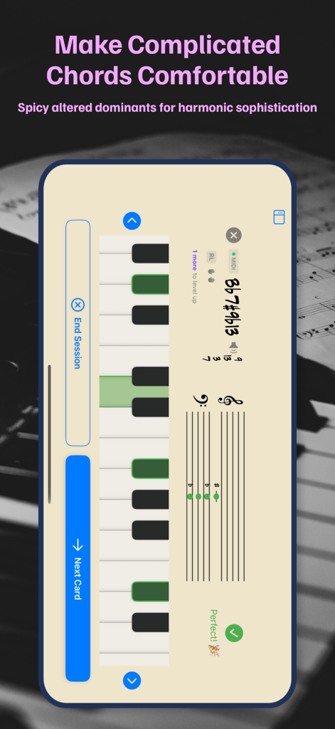Jazz Piano Voicings - Interface of the Jazz Piano Voicings app showing an altered dominant chord on a musical staff and a virtual keyboard with highlighted keys for practice