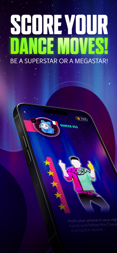 Tela de smartphone exibindo a interface do Just Dance Now com um treinador de dança e um medidor de pontuação de cinco estrelas.