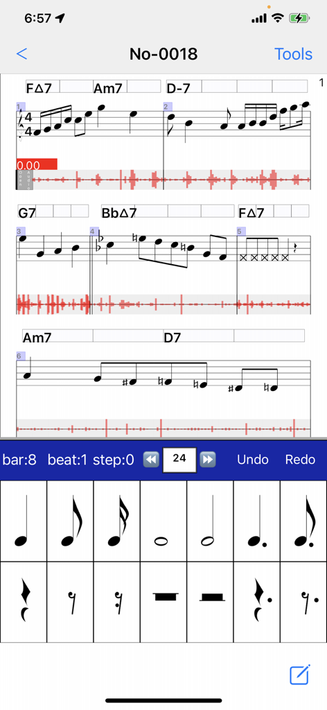 Notate + Play = music notebook - Interface of the music notebook app showing sheet music synced with audio waveforms and a rhythm input keyboard.