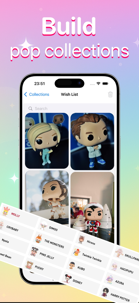 A mobile app screen displaying a Funko Pop collection wish list and various collectible brands