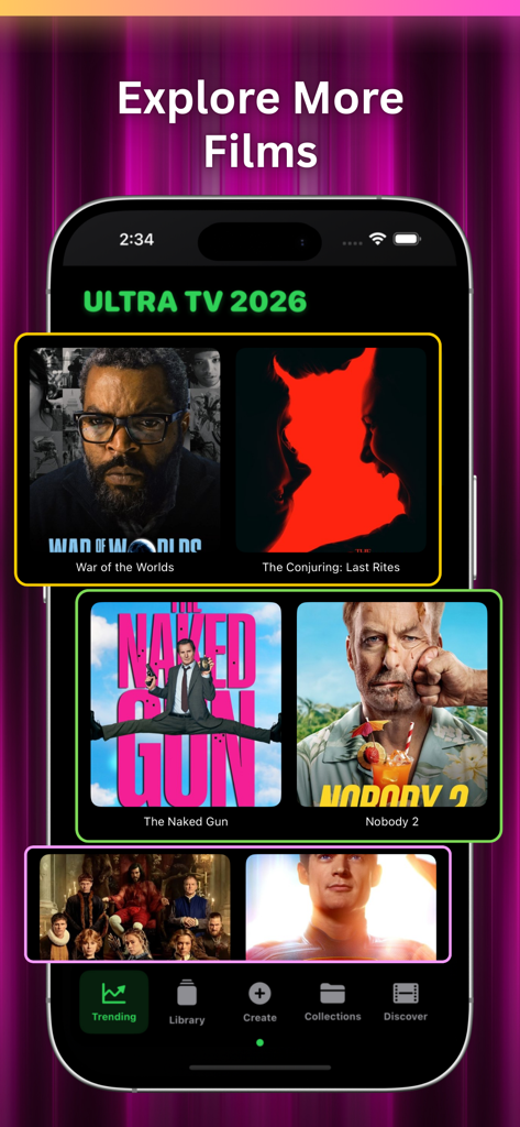 Schermata dell'app mobile Ultra TV 2026 che mostra un elenco curato di film di tendenza con poster e menu di navigazione