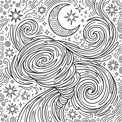 Unleash your inner artist with this captivating coloring page featuring dynamic vortex spirals swirling amidst a serene night sky. Adorned with a majestic moon and twinkling stars, it promises an enchanting escape into a world of cosmic patterns.
