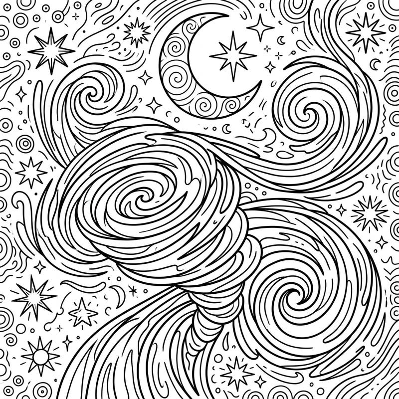 Unleash your inner artist with this captivating coloring page featuring dynamic vortex spirals swirling amidst a serene night sky. Adorned with a majestic moon and twinkling stars, it promises an enchanting escape into a world of cosmic patterns.