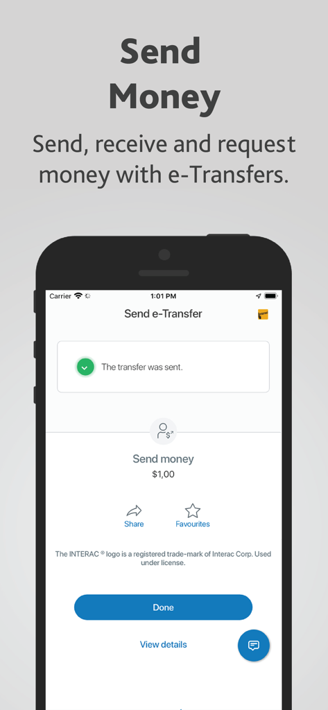 Alterna Bank Mobile Banking - Confirmation screen for sending money via Interac e-Transfer in the Alterna Bank app