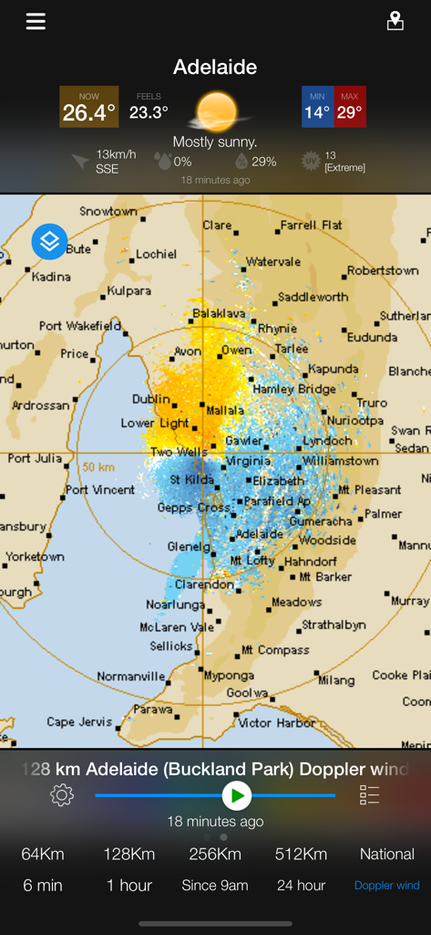 AUS Radar: WeatherAlert - Interactive Doppler wind radar map of Adelaide in the AUS Radar weather app showing current temperature and weather conditions.