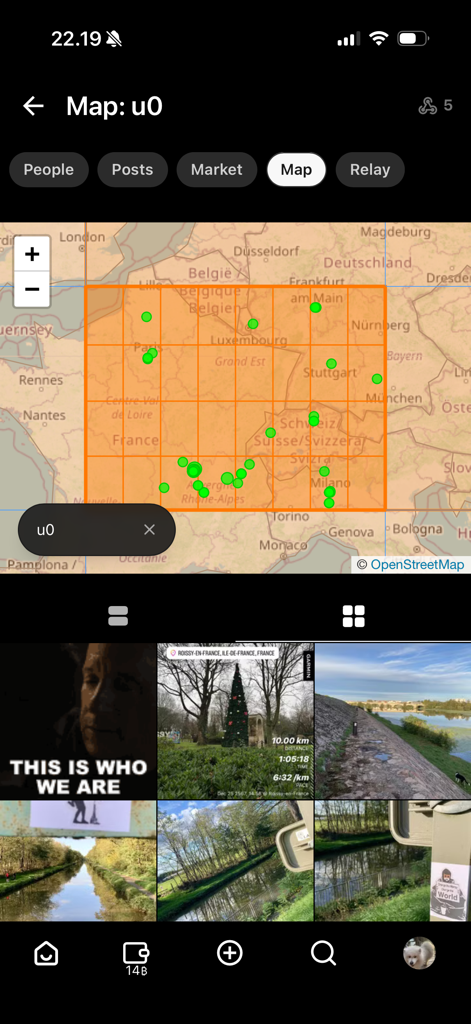 Iris – The Nostr client - A screenshot of the Iris Nostr client showing a map with geotagged posts across Europe and a media gallery below.