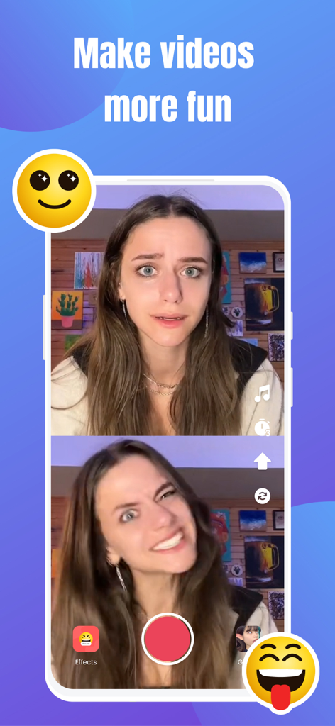 Emoji Challenge: Funny Filters - A split screen video of a girl mimicking funny emoji expressions in the Emoji Challenge app