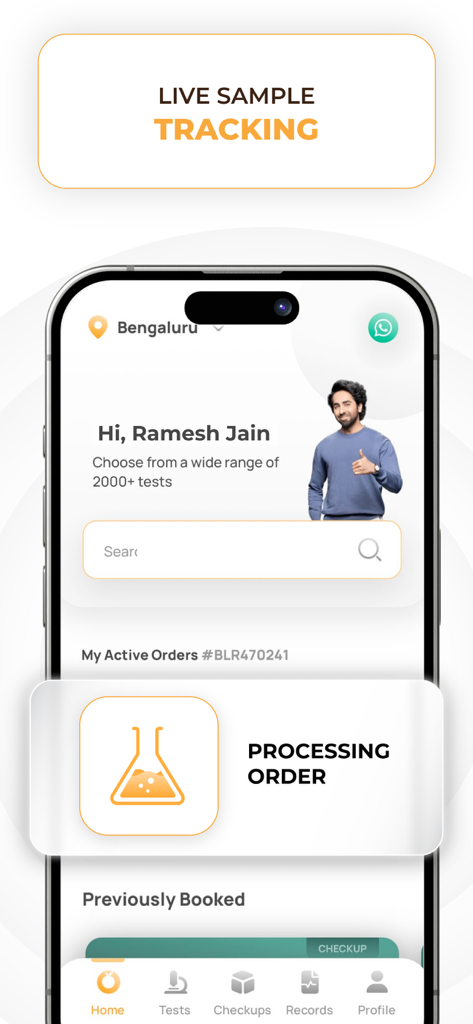 Orange Health Labs: Blood Test - Orange Health Labs app interface showing live sample tracking and order processing status