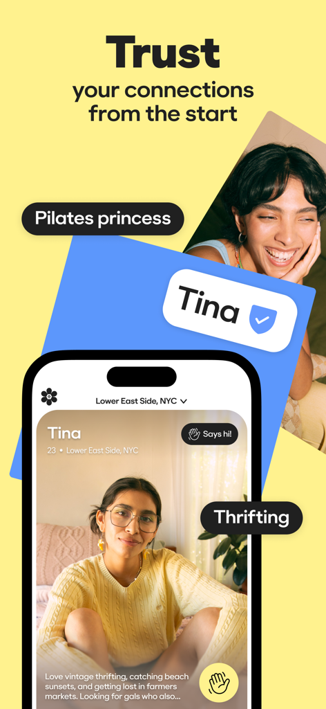 BFF: Make Friends. By Bumble. - Bumble BFF mobile app screen showing a verified user profile with interest tags for Pilates and Thrifting