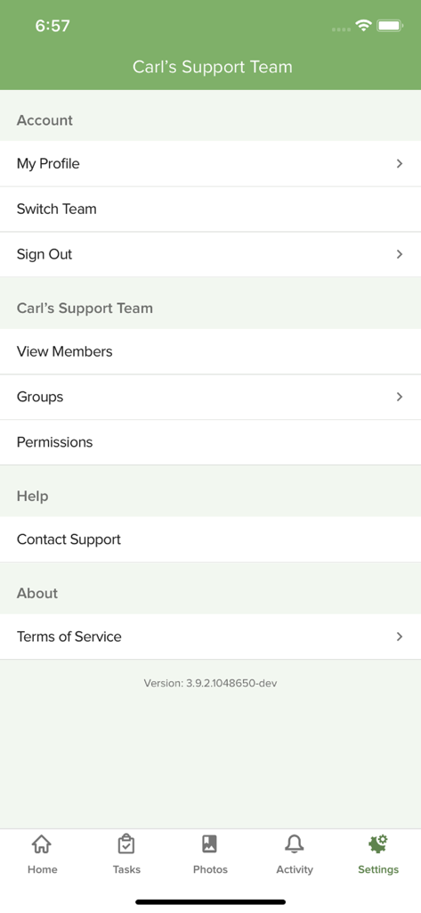 Lotsa Helping Hands - Settings menu of the Lotsa Helping Hands app showing account and support team management options