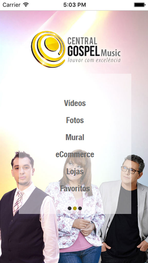 Central Gospel Music - Tela inicial do aplicativo Música Gospel Central apresentando um menu em português e artistas gospel brasileiros.