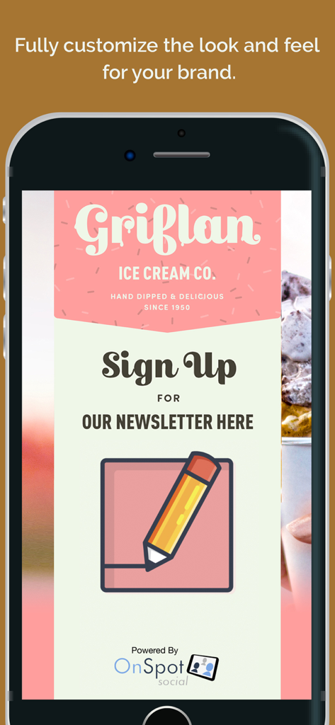 iPhoneにOnSpot Socialリードキャプチャアプリのカスタマイズされたブランドニュースレターサインアップ画面が表示されています。