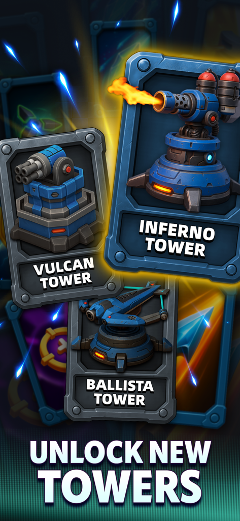 Raid Rush: Tower Defense TD - Pantalla de cartas de torre desbloqueables en Raid Rush, incluyendo Torre de Fuego Infernal, Torre Vulcano y Torre Ballesta