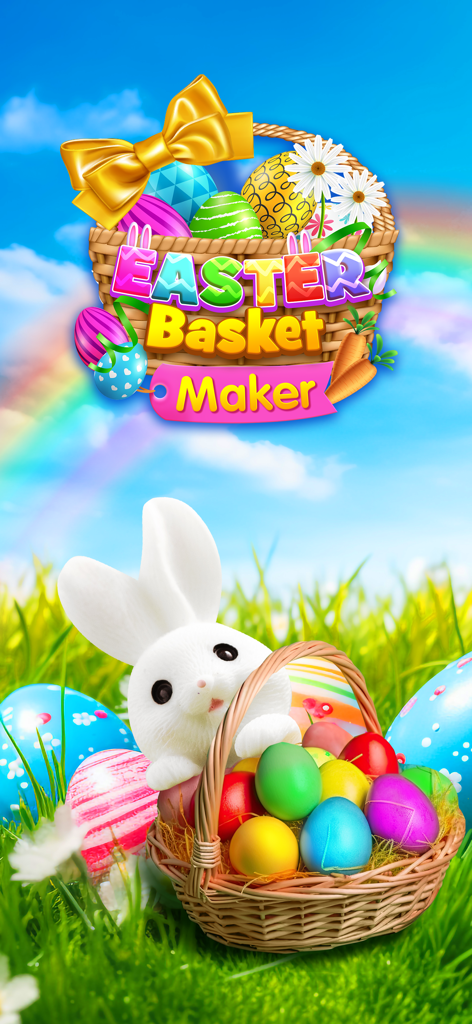 Easter Basket Maker Decorate - Easter Basket Maker game title screen featuring a white bunny and colorful decorated eggs in a basket