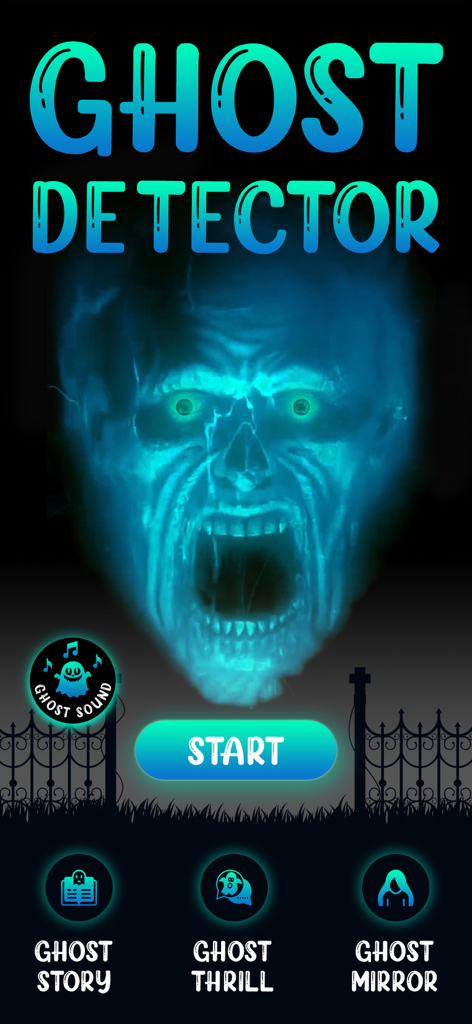 Startbildschirm der Ghost Detector App mit einem gruseligen leuchtend blauen Geistergesicht und einem Startknopf