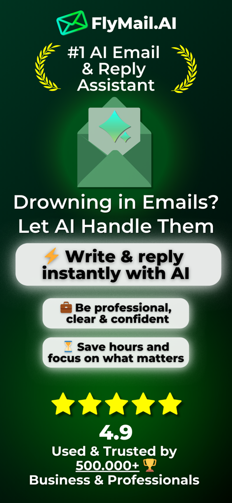 Fly AI Email Generator - Fly AI Email Generator app promotional screen highlighting instant AI replies and professional writing tools with a 4.9 rating