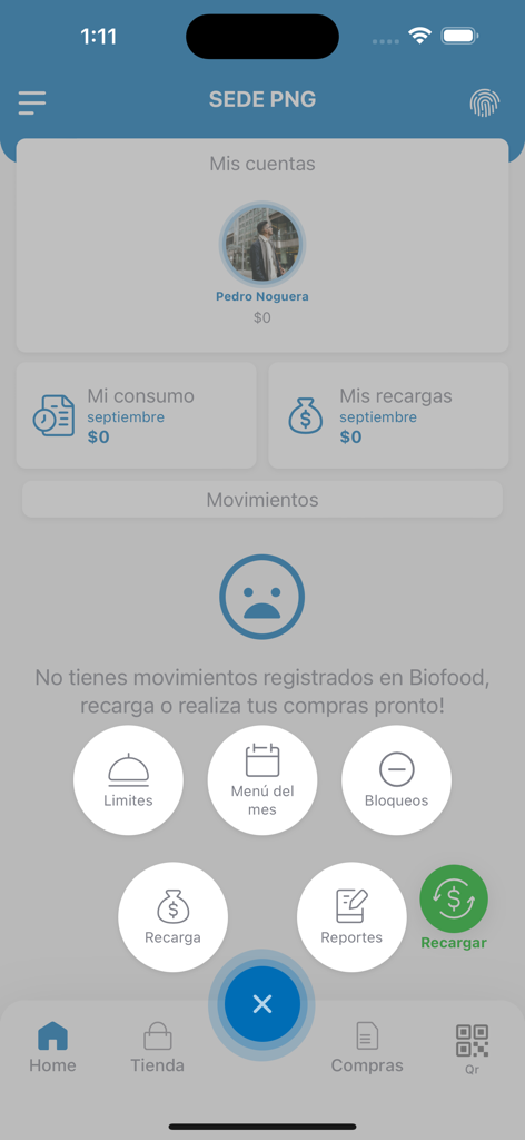Biofood Service - Biofood Service app dashboard showing account balance and menu options in Spanish