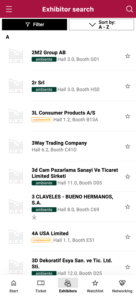 Christmasworld Navigator - Christmasworld Navigator app showing the exhibitor search list with hall and booth locations