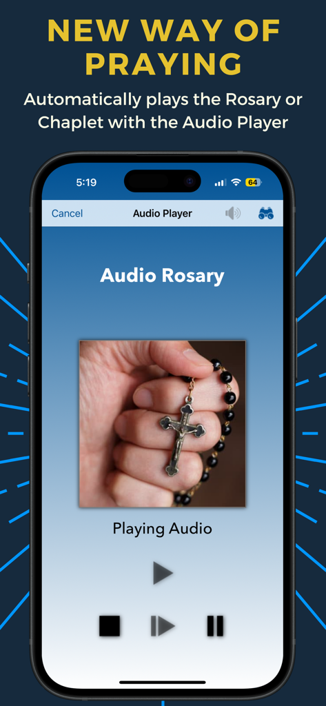 My Rosary (Audio) - My Rosary 앱 오디오 플레이어 인터페이스, 기도 재생 컨트롤 표시
