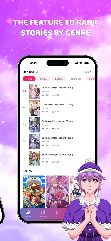 Manga Webtoon: Endless Stories - A mobile app screenshot showing a ranking of stories by genres like Fantasy and Romance with an anime character in the corner.