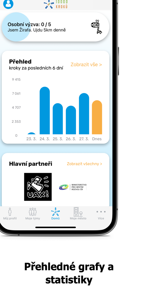 10000 kroků - Dashboard of the 10000 kroku app showing a weekly step count bar chart and personal challenge progress