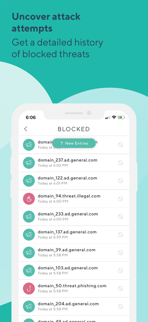 A smartphone screen showing the Barracuda CloudGen Access app blocked threats history page.