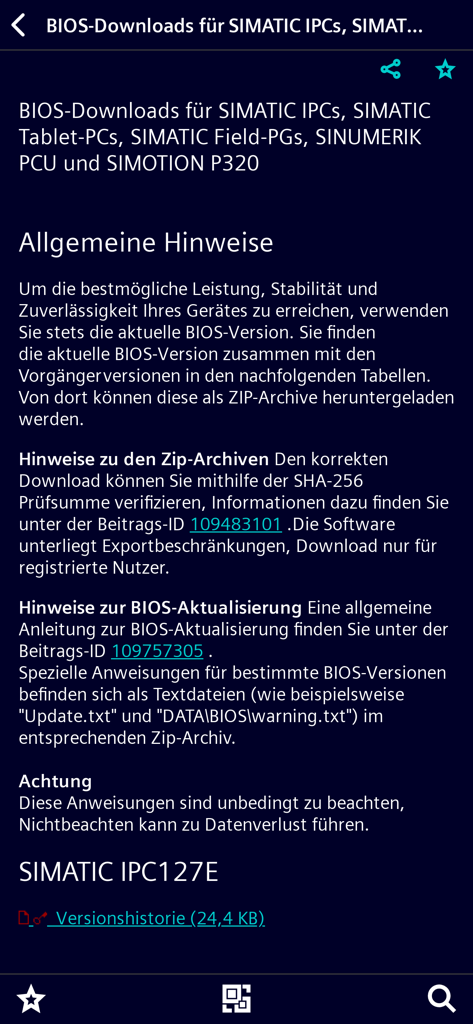 Industry Online Support - Technical documentation page in the Siemens Industry Online Support app showing BIOS download information for SIMATIC IPC devices