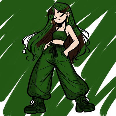 girl in baggy pants crop top and long hair