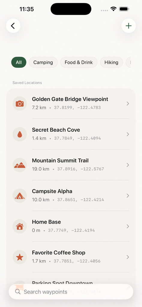 Waypointer - GPS Compass - A list of saved locations in the Waypointer app showing waypoint names distances and GPS coordinates