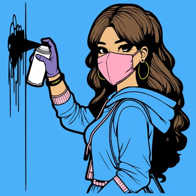 realistic girl with mask spray painting a wall