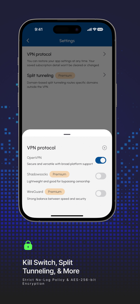 Shark VPN: Secure & Affordable - Shark VPN App-Einstellungen, die Protokolloptionen wie OpenVPN und WireGuard mit Split-Tunneling und Kill-Switch-Funktionen zeigen